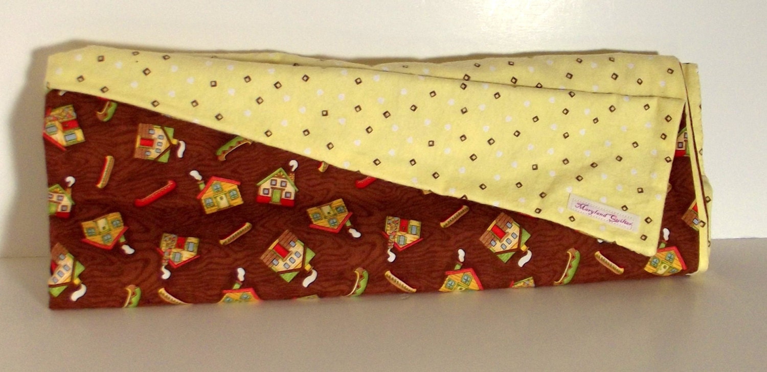 Brown and Yellow Baby Blanket with  Houses and Canoes