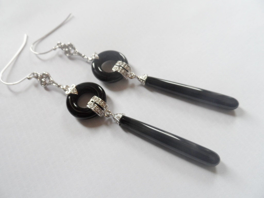 Art Deco Silver Onyx Drop Earrings