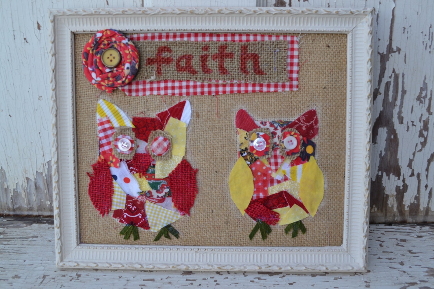 TWIN Patchwork Owl with Beige Frame FAITH burlap vintage fabric wall hanging nursery decor