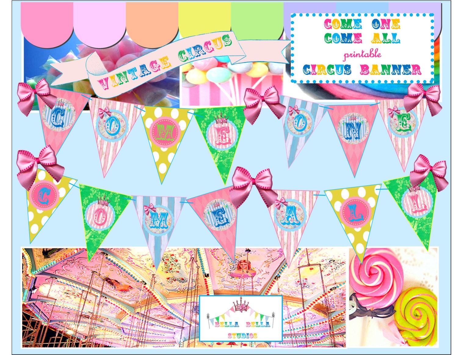 Vintage CIRCUS Birthday Party - Come One Come All PRINTABLE BANNER Signs Flags by Bella Bella Studios Il_570xn