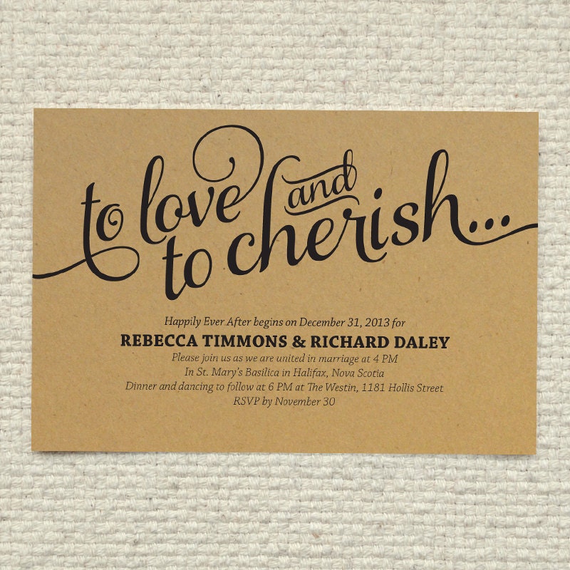 DIY Kraft Paper Wedding Invitation - Love & Cherish Script - DIY Printable PDF Template - Instant Download - Calligraphy, Typography