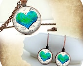 Calligraphy Heart Jewelry Set Glass Dome Art Jewelry Necklace Earrings Set Handcrafted Jewelry by Lizabettas