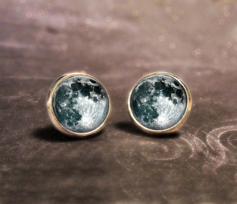 Full Moon Earrings Silver Post Glass Picture Photo Earrings Handcrafted Jewelry by Lizabettas