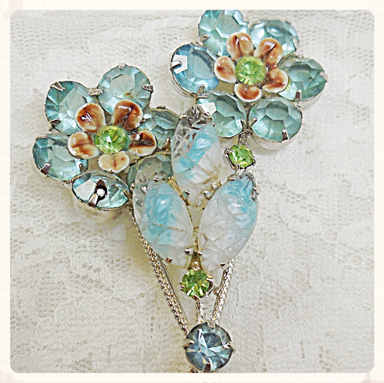 Something Blue Bouquet Pin, Antique Aqua Flower Bouquet Brooch, Wedding, Boho Bride, Bridal Gift