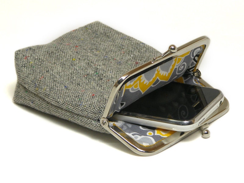 IPhone Case / Fabric Cigarette Case - Woven Grey Speckled Wool fabric - Silver Frame