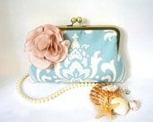 Something Blue Beach Wedding Bridal and Bridesmaid Clutch Purse- Blue Damask