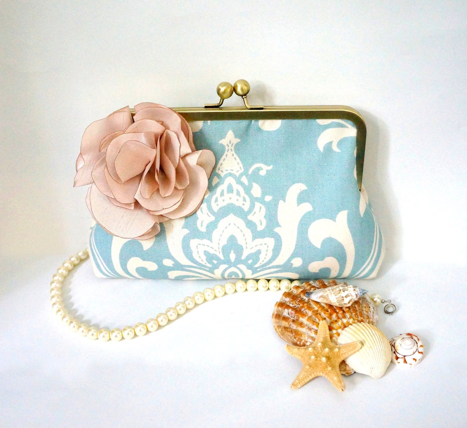 Something Blue Beach Wedding Bridal and Bridesmaid Clutch Purse- Blue Damask