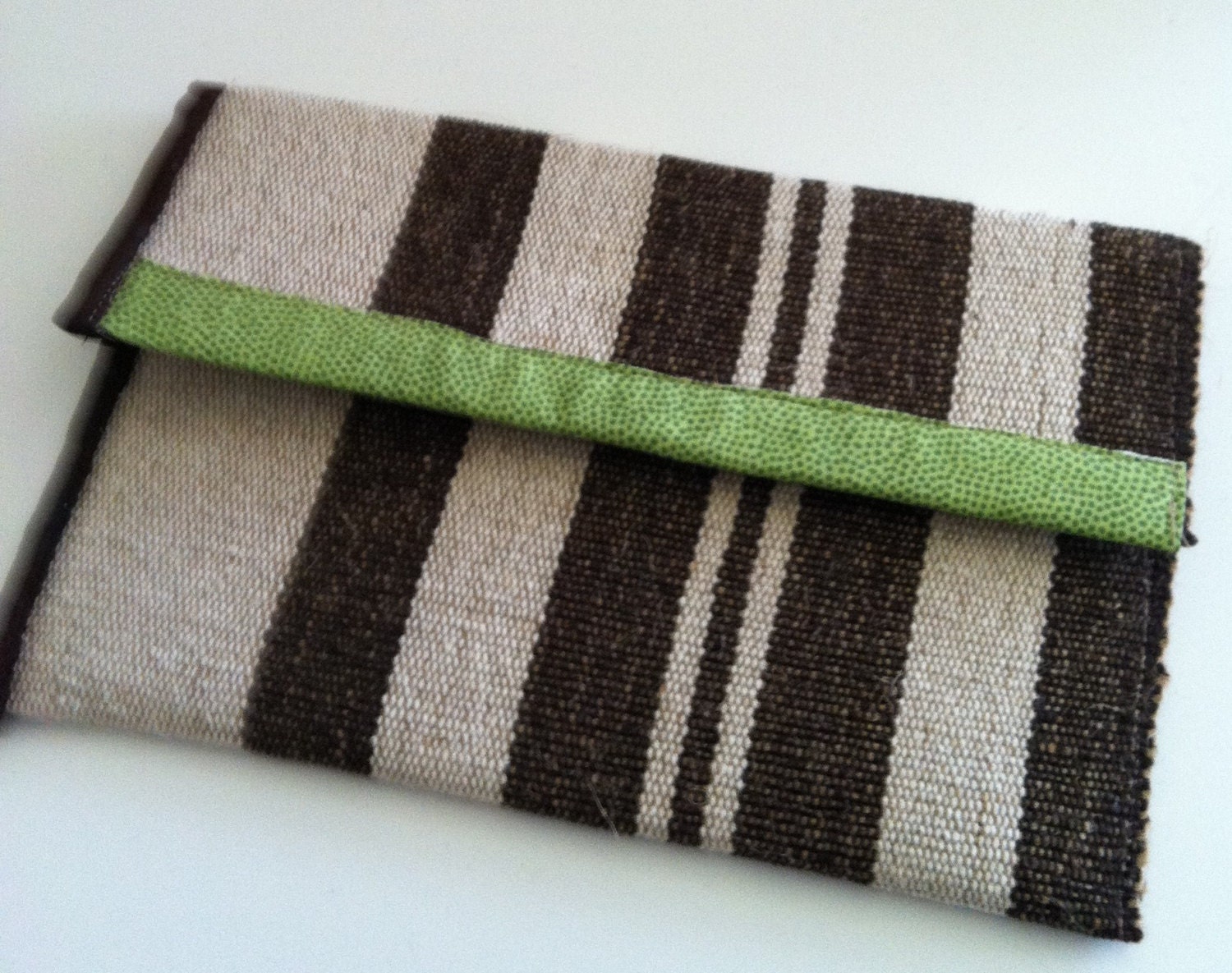 Clutch Bag, Handmade Purse in Tan/Brown Coarse Natural Weave, Lined with Green Cotton Print, Snap Closure