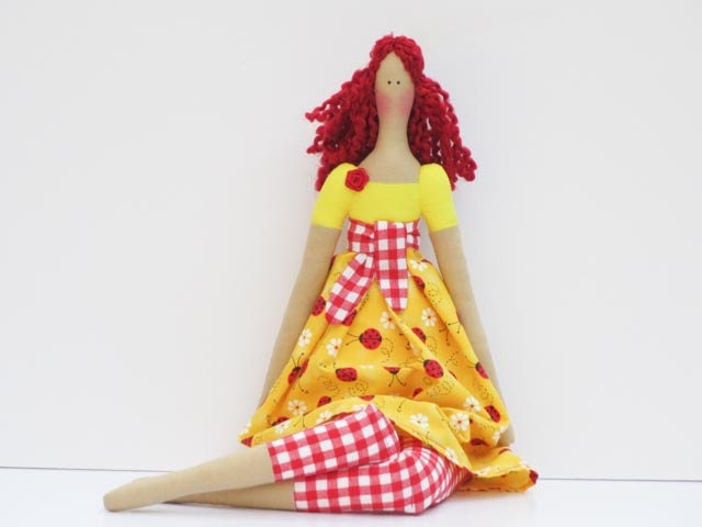 Lovely fabric doll in bright yellow dress red hair cute cloth doll art doll stuffed doll, rag doll Mothers day gift, birthday gift for girls