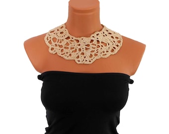 Free Form Crochet Collar Necklace Cream & Gold Color