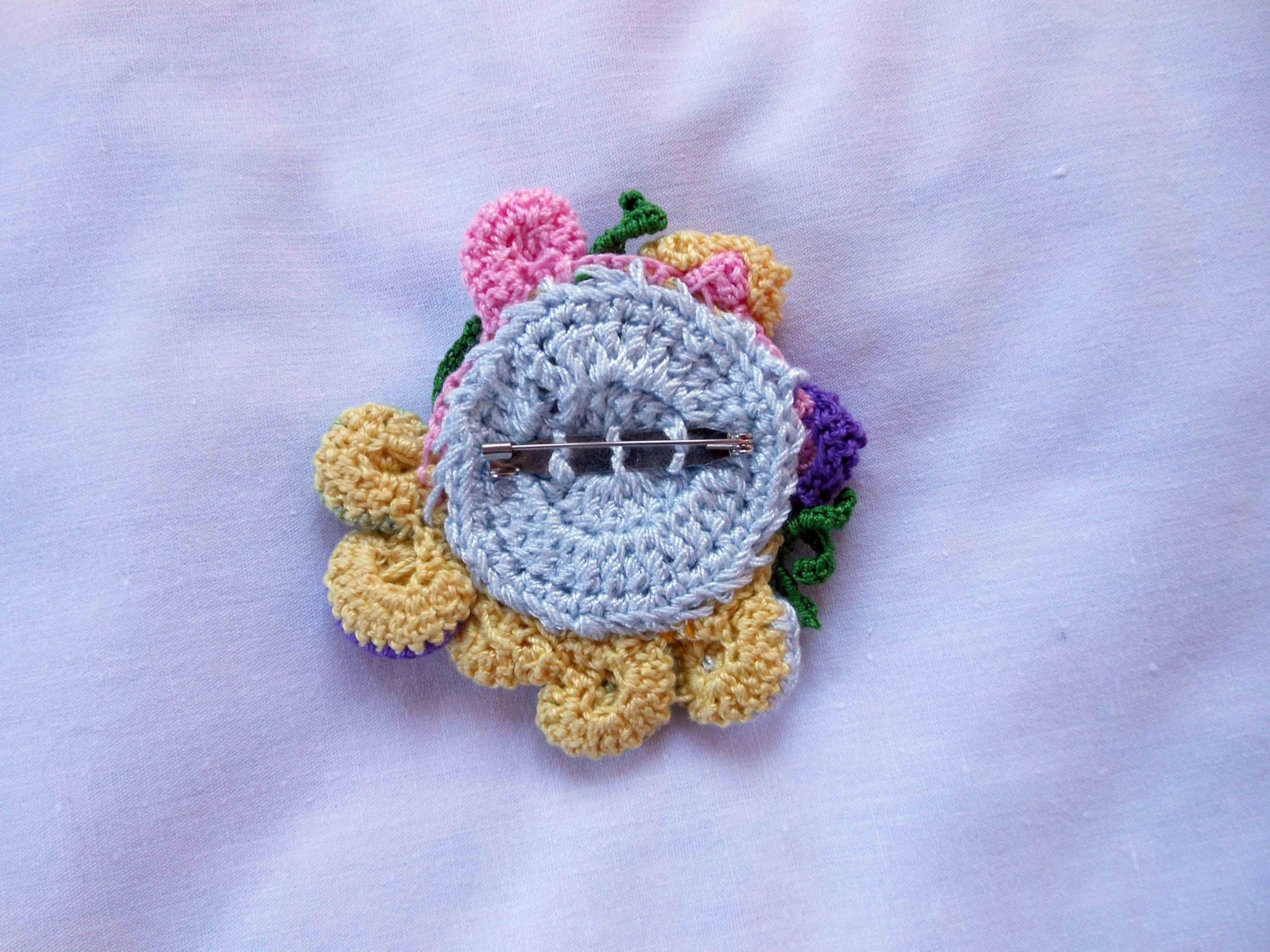 Crochet 3d flower brooch Purple,Blue,Yellow,Mustard Yellow,Light Blue,Pale pink,Green