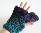 Crochet wrist warmers - fingerless gloves - rainbow bright vibrant colours - purple green blue