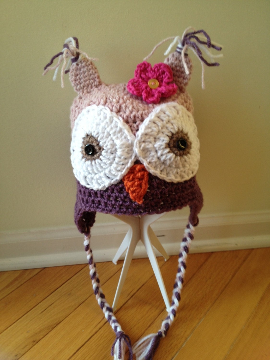 Owl Crochet Hat, Purple, Pink, or Blue