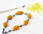 Mustard yellow grey necklace Crochet jewelry Fiber Gold tone chunky necklace Gift for her Statement jewelry Natural Ready to ship
