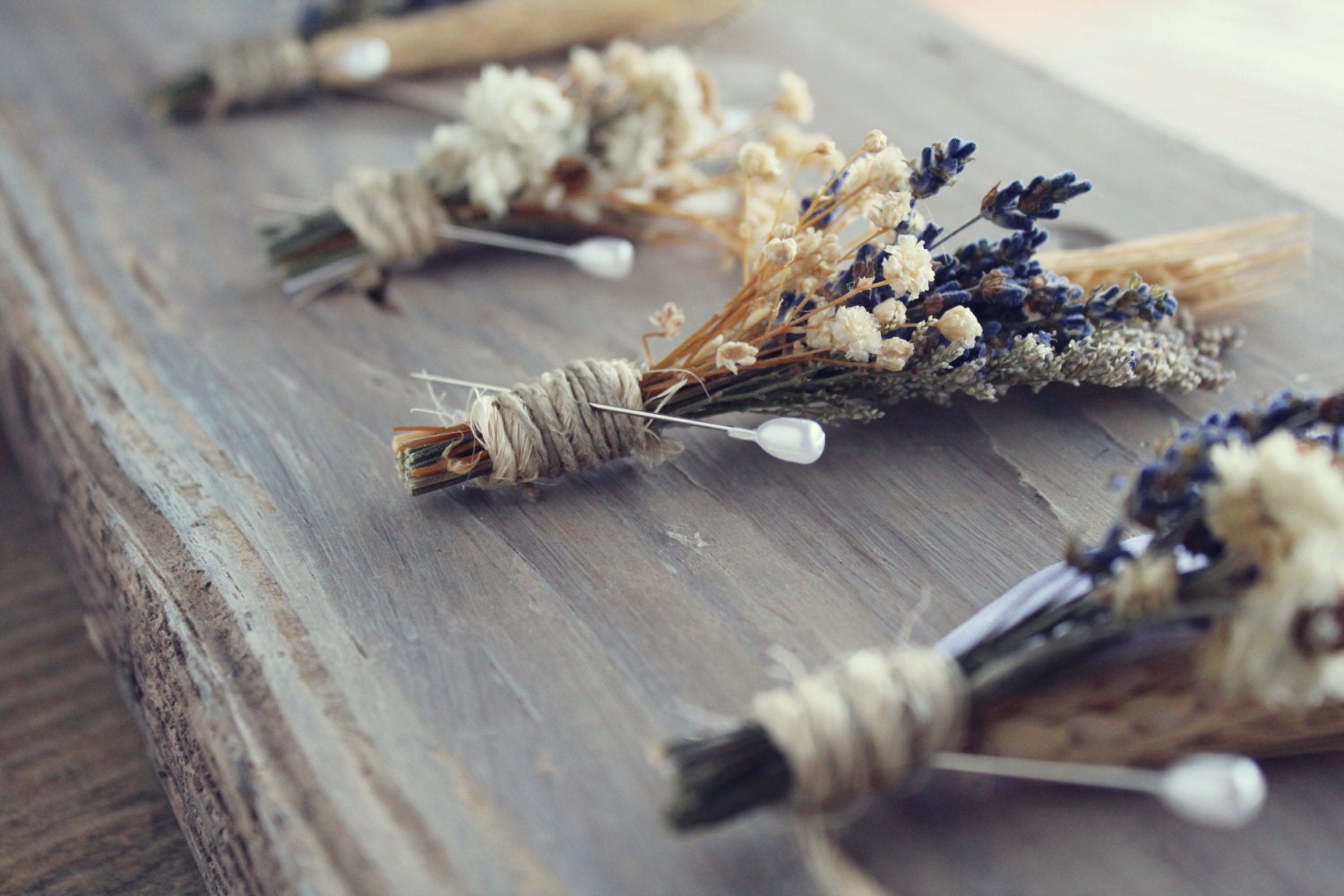 dried wildflowers and feathers boutonnieres - set of 4 - lavender buttonhole, wheat boutonniere - LUKE
