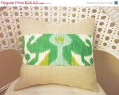 20% OFF SALE Green Ikat and Burlap Decorative Pillow Covers, Handmade Pillow Covers, 18 x 18, Beach, Seashore, Coastal Chic