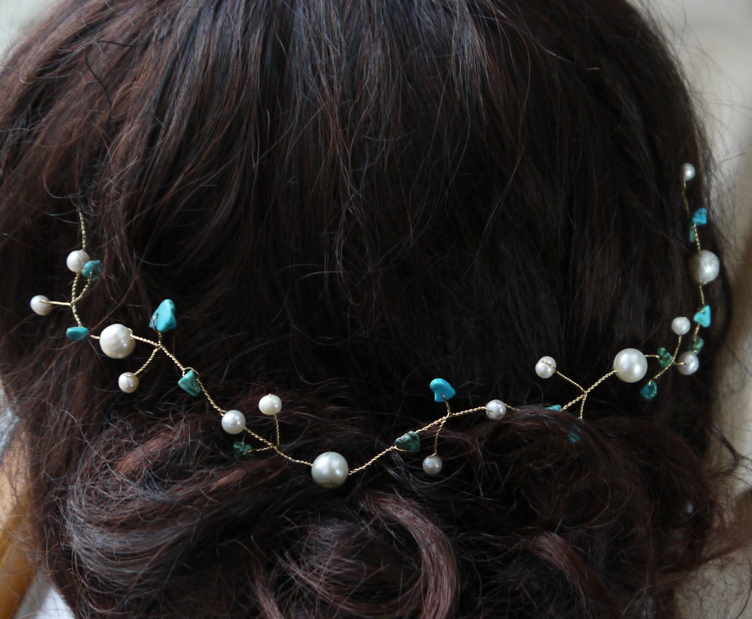 Pearl Turquoise Hair Vine Ivory Freshwater Pearls Turquoise