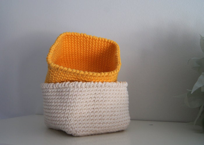 Square Baskets in Beige and Yellow. Set of 2.