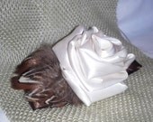 Brown and Ivory Satin Rose Hair Bow with Feathers
