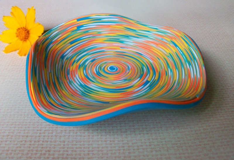 Polymer Clay Ring Dish, small trinket bowl, turquoise, orange, yellow
