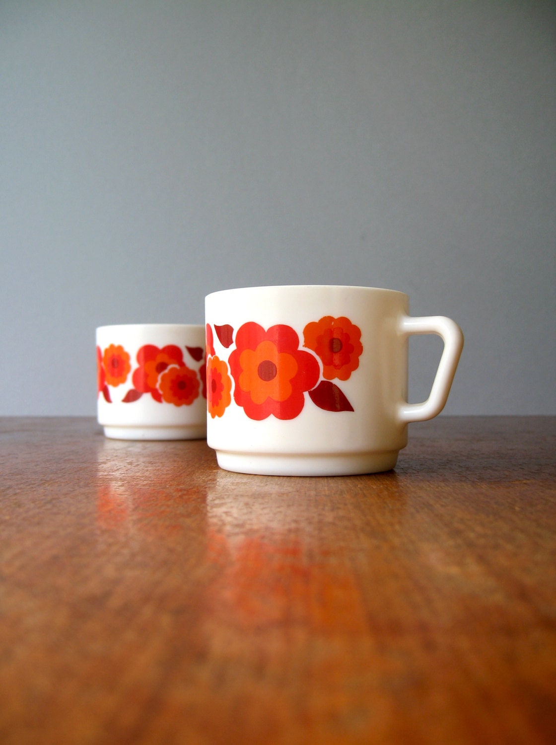 Mod Vintage Arcopal Milk Glass Mugs / Cups - Orange Flowers