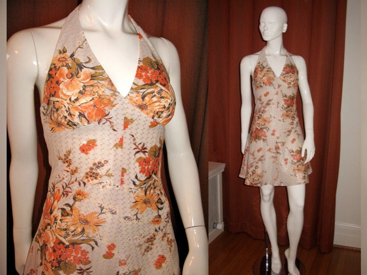 Vintage 1960s 1970s Metallic Floral Halter Dress Sz XS
