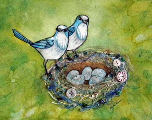 Bird Nest no. 29 Florida Scrub Jay Watercolor and Found Object Art Print