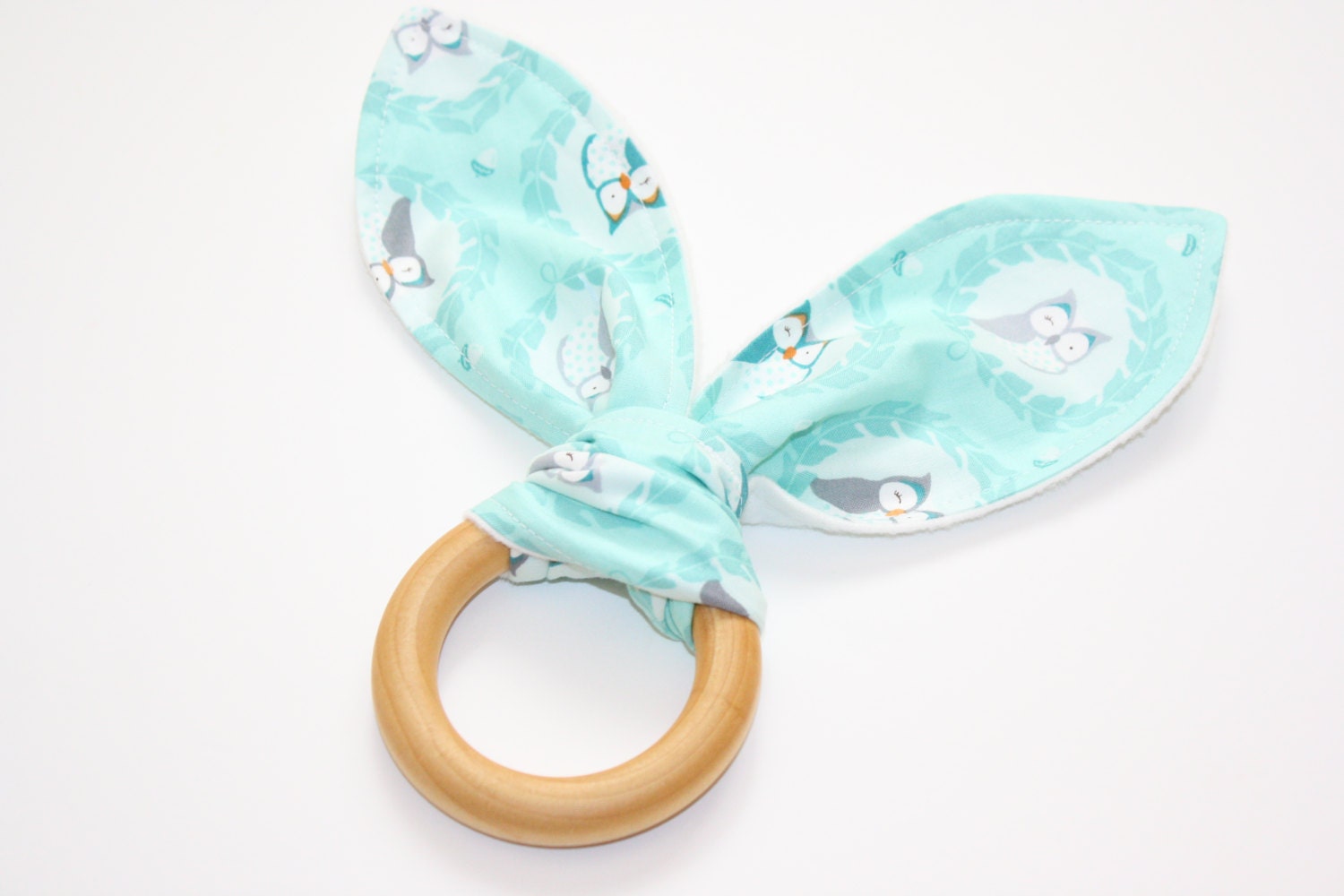 Natural Organic Treated Wooden Teething Ring - Les Amis Sweet Owlies and Organic Flannel - Over 100 Fabric Choices
