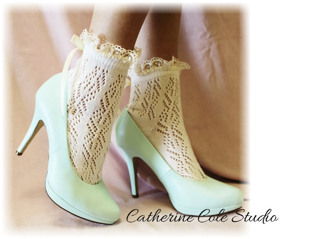 Pointelle Paris Peek a Bow  Lace socks for heels CREAM Baby doll, 80"s inspired  crochet lace socks flats or heels Catherine Cole Studio CS5