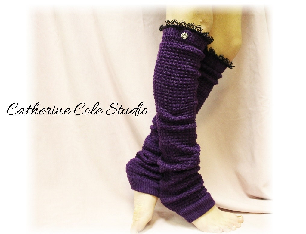 PURPLE Dancer ballerina yoga EXTRA LONG  leg warmers womens  popcorn texture, lace buttons by Catherine Cole Studio legwarmers