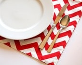 Reversible Placemats- Set of 4- Premier Prints Lipstick Red Chevron and Suzani- 13x19
