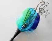 Feather Boutonniere Lapel Pin in Green Blue Feathers Peacock Curls