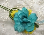 Set of 4. Groom Boutonniere. Turquoise Blue Green Yellow. Orchids, Bear Grass, tropical flowers.  Best Man Wedding Buttonhole.