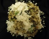 White Green Wedding Bouquet. Hydrangea Babies Breath Hand Tied Bokay with Full Cuff Jeweled Handle.