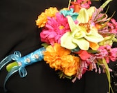 Aruba Beach Wedding Bouquet.Handtied with jewels.Coral Purple Malibu / Turquoise Caribbean Blue Orange Pink Yellow