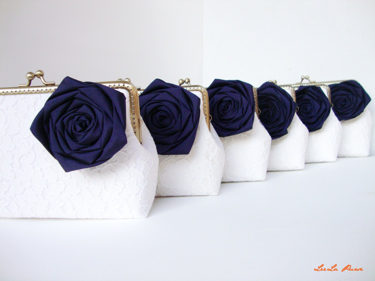 Bridesmaid gift idea - Navy Nautical Wedding - Set of six White Lace Clutch with Silk Rose Flowers - or choose your own initial option