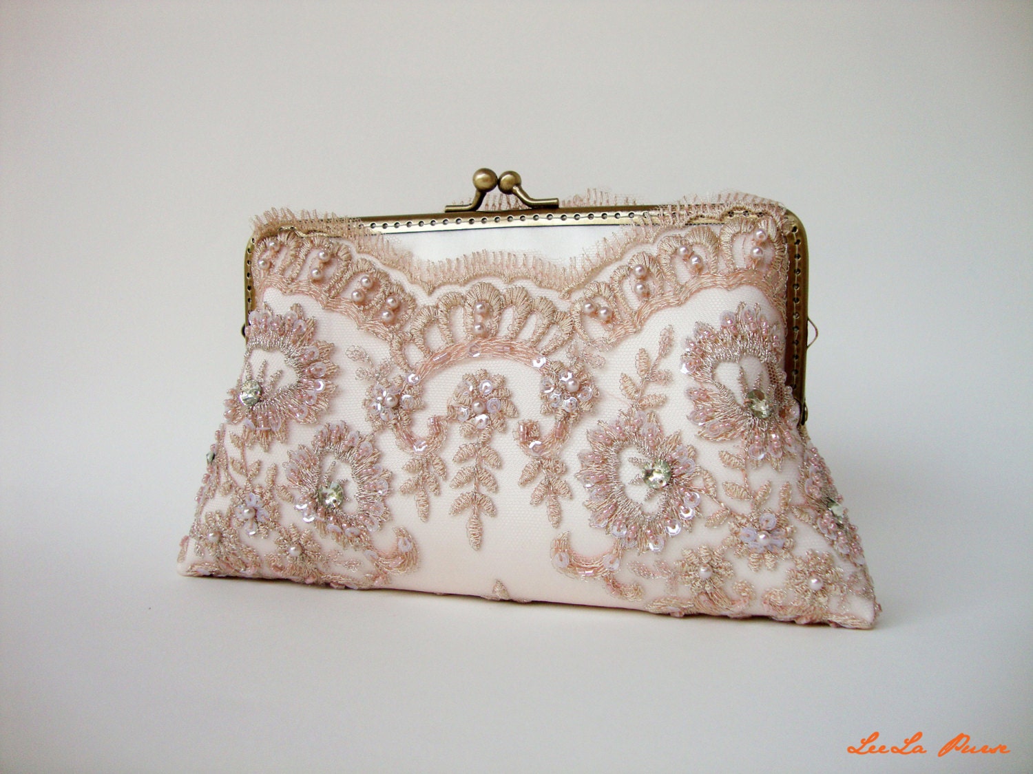 Elegant wedding clutch, Lace Silk Clutch in Champagne Pink, Vintage inspired , wedding bag, bridesmaid clutch, Bridal clutch