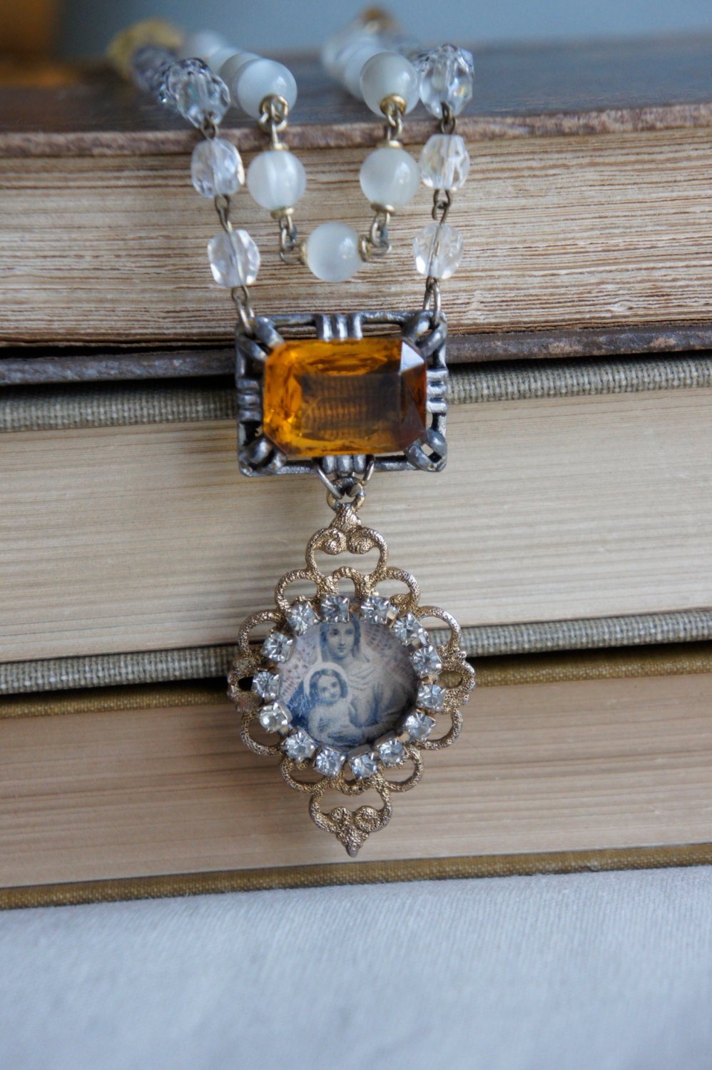 Her Golden Moment -Vintage assemblage necklace Mary prayer card rosary beads citrine assemblage jewelry - by French Feather Designs.