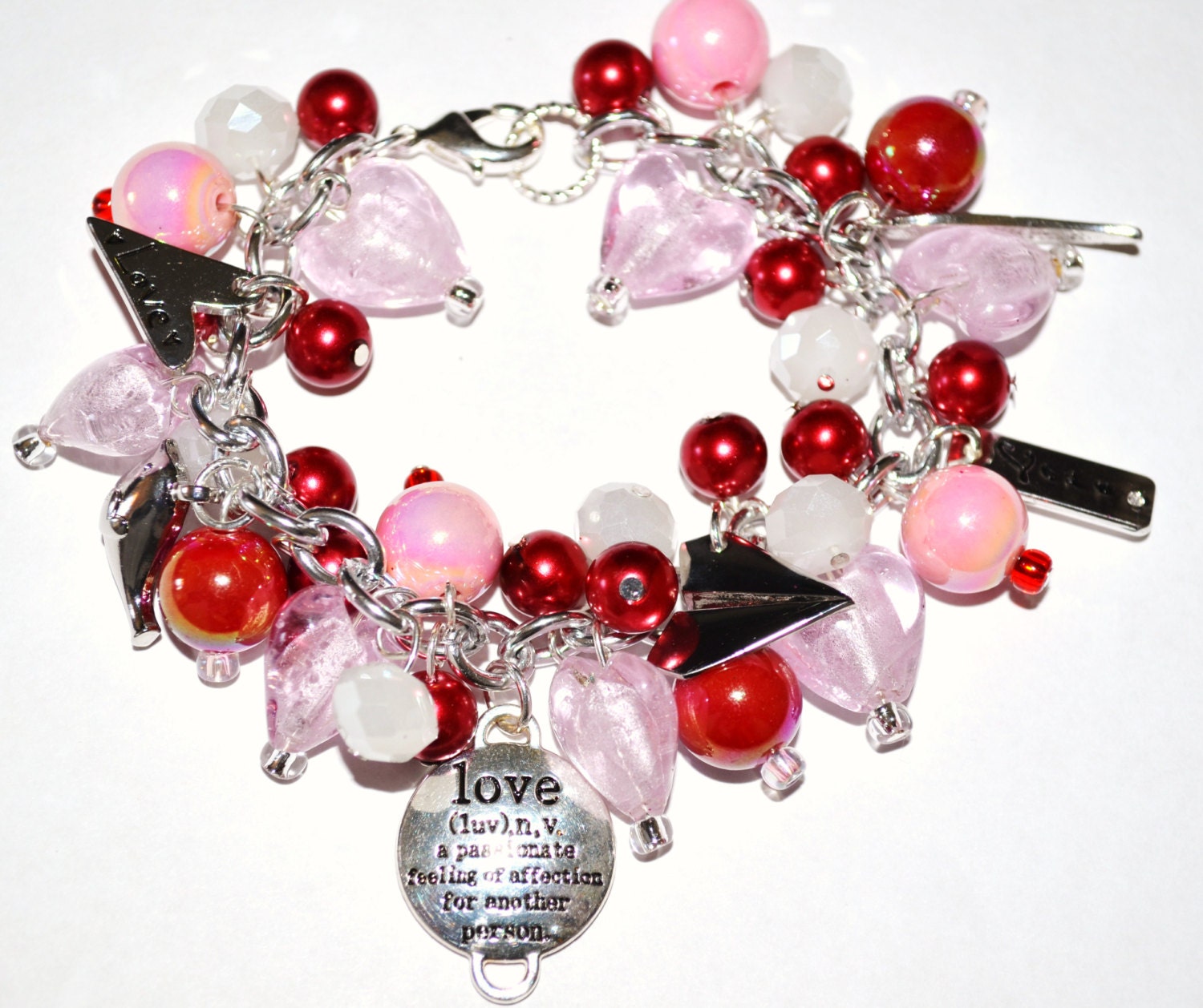LOVE THEMED CHARM Bracelet Valentines Day Free2BDesigns Love Charms Red Pink White