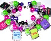 SCRAPBOOKING CHARM BRACELET Altered Art Free2BDesigns Ready to Ship Pink Purple Green