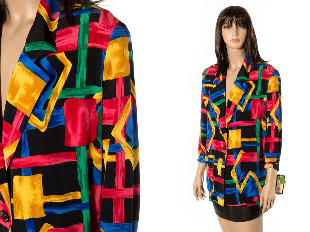 Vintage oversized blazer jacket. Colorblock multicolor printed jacket