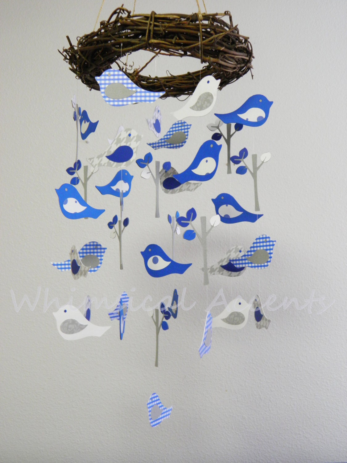 Bird and Tree Baby Paper Mobile in Blues, Gray and White