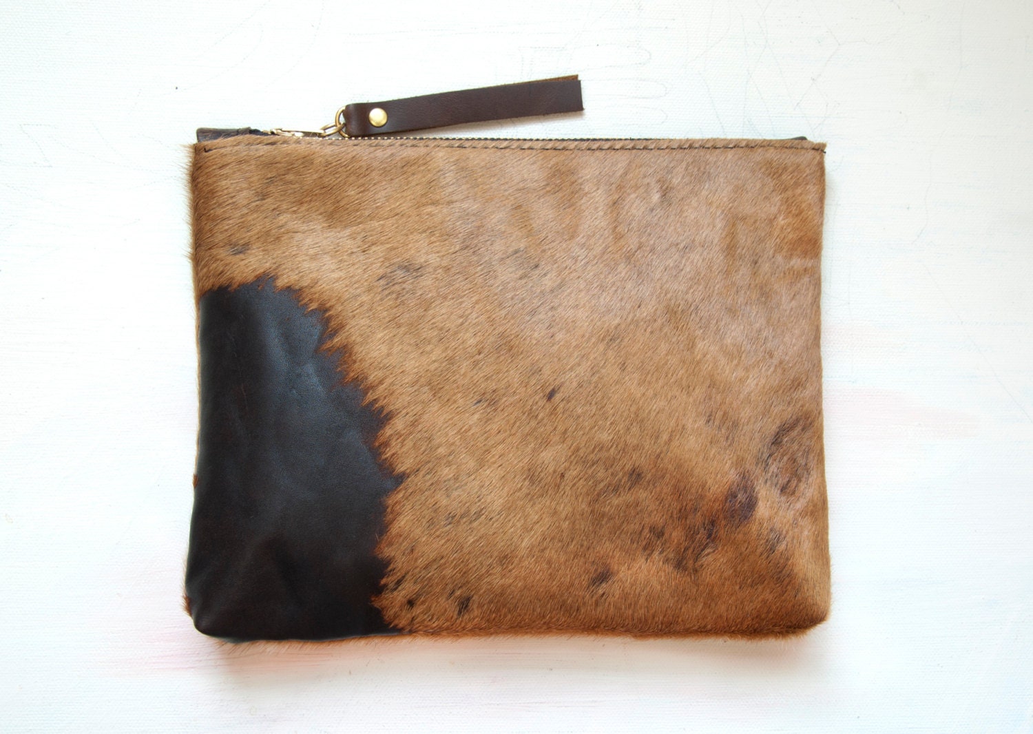 Last one. Ready to ship. A N I M A L Hair on Hide Clutch. Leather Animal Clutch. Brown Leather Clutch