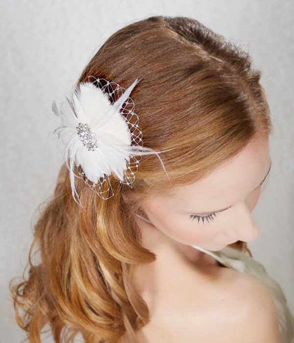 Ivory Bridal Hair Accessories Hair Flower, Ivory Bridal Fascinator, Ivory Wedding Headpiece, Birdcage Veil Bow - Made to Order - TANYA