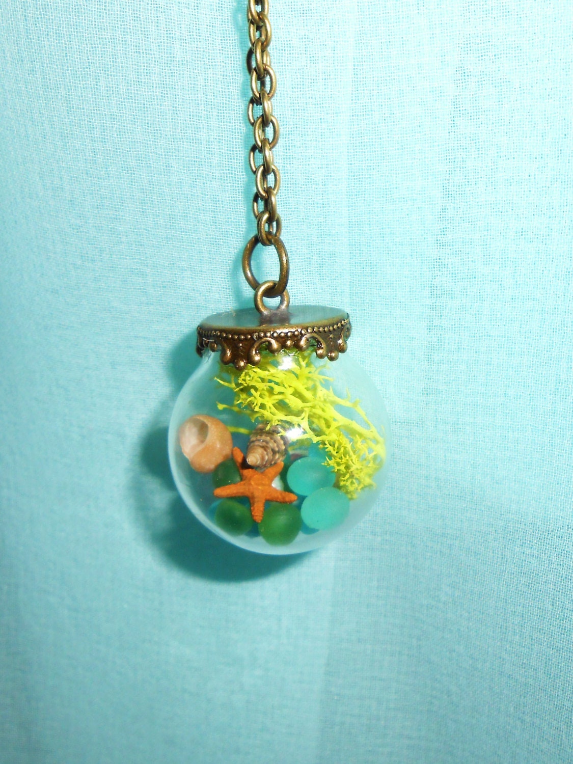 Sea Glass Terrarium Orb Pendant Filled with Green, Blue & Seafoam Sea Glass, a Tiny Little Starfish, Seashells and Moss