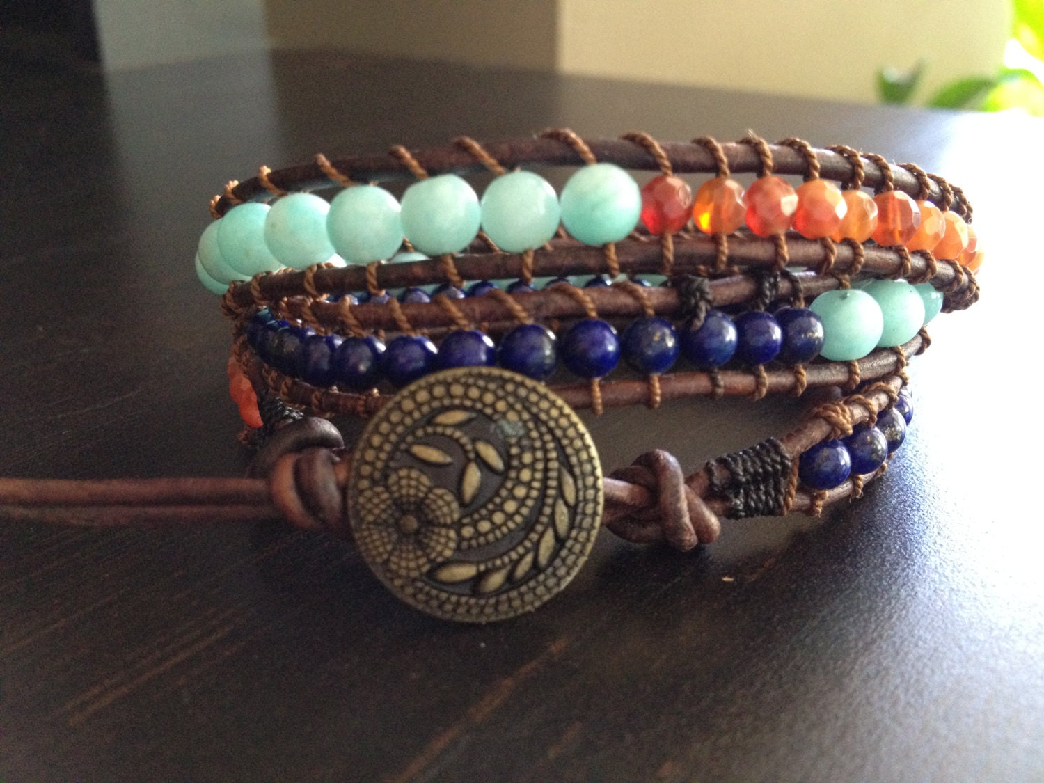 Triple Wrap Leather Beaded Bracelet Lapis, Amazonite and Fire Agate Flower Button Ladies Jewelry Beachy Boho