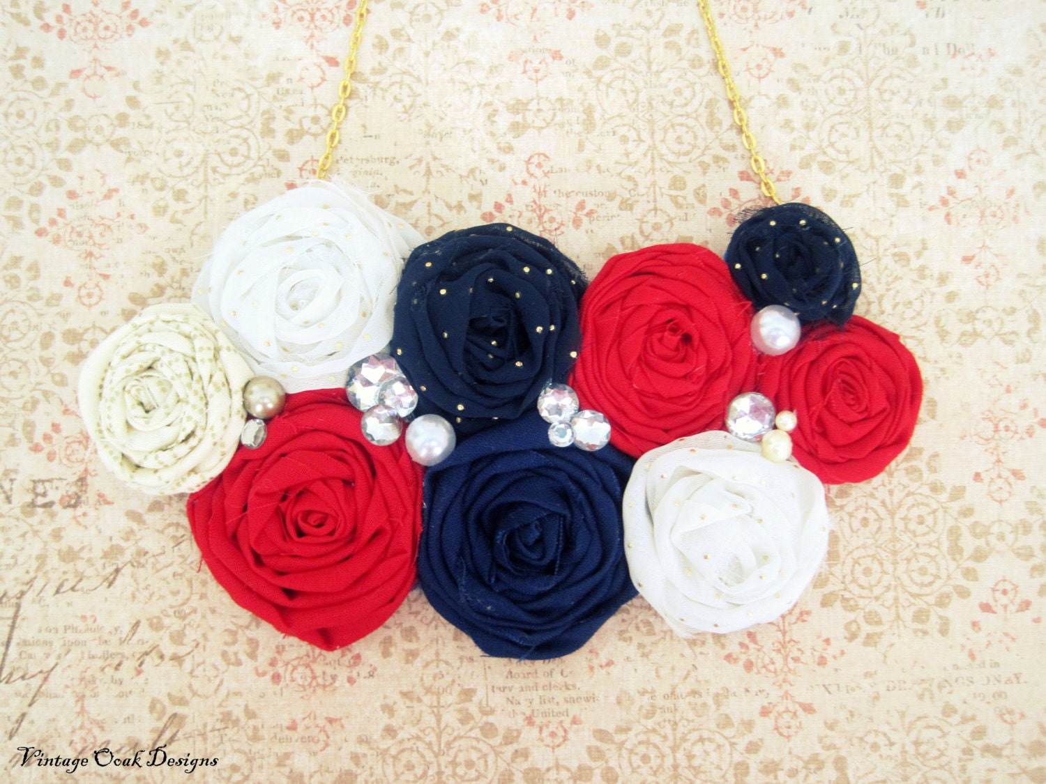 Patriotic Statement Necklace, 4th of July Rosette Statement Necklace,Red  White & Navy Necklace, Rolled Rosette Bib Necklace, Summer Fashion
