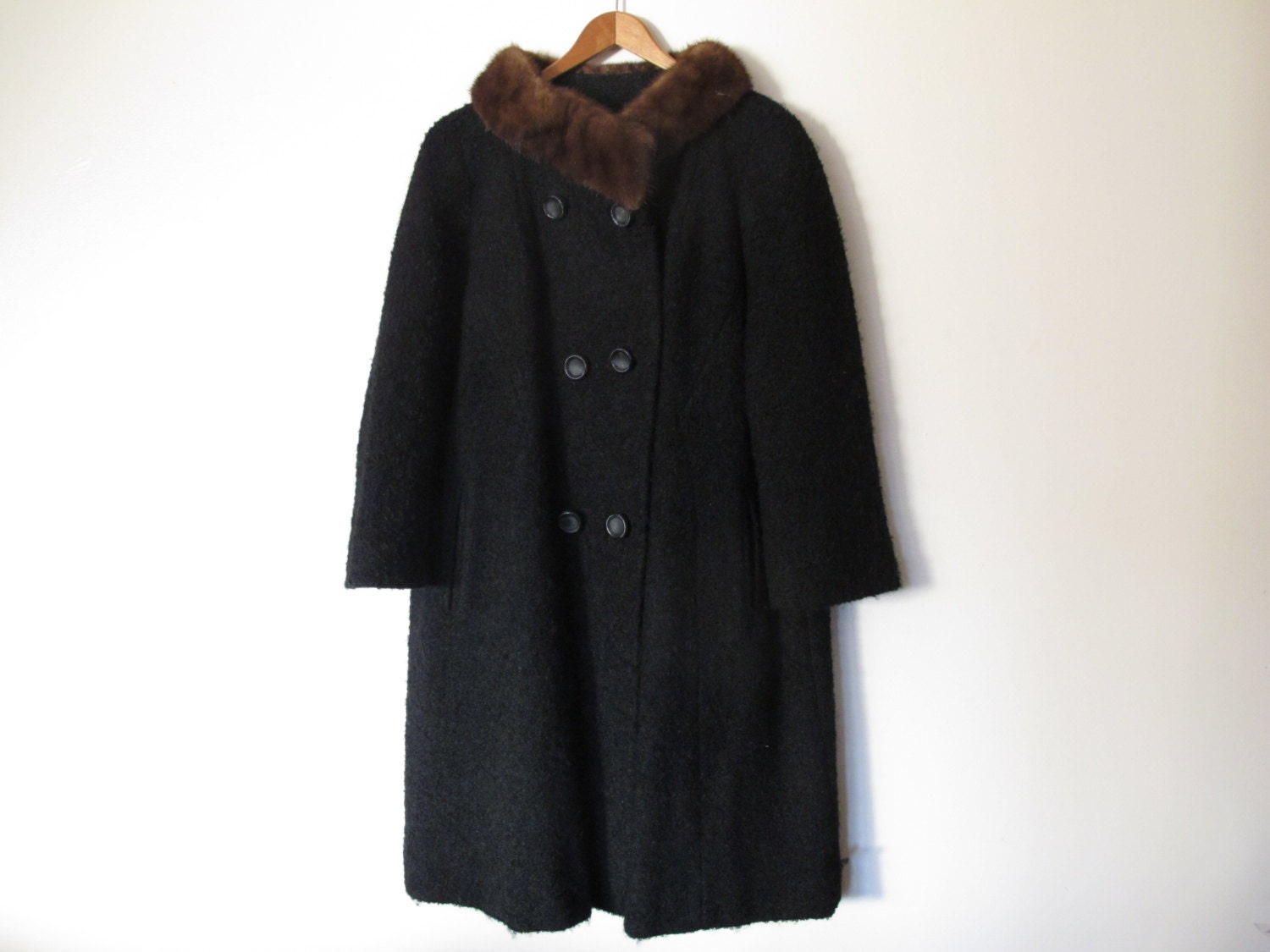 vintage coat black faux fur collar boucle long jacket double breasted S M small medium mad men - DioptersGeneralStore