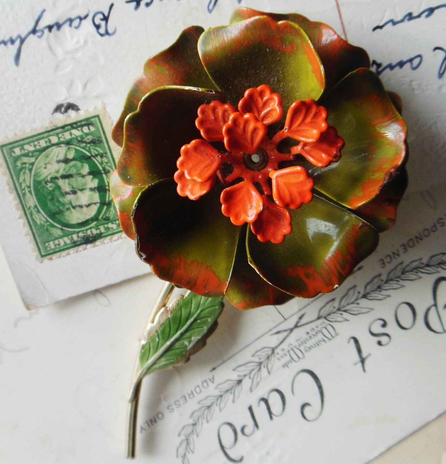 Orange and Olive Retro Enamel Flower Brooch