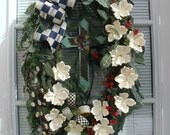 Easter Spring Tuscan Oval Latex Magnolias Pussy Willows MacKenzie Childs Ribbon Religious Metal Resin Turquoise Cross Door Wreath
